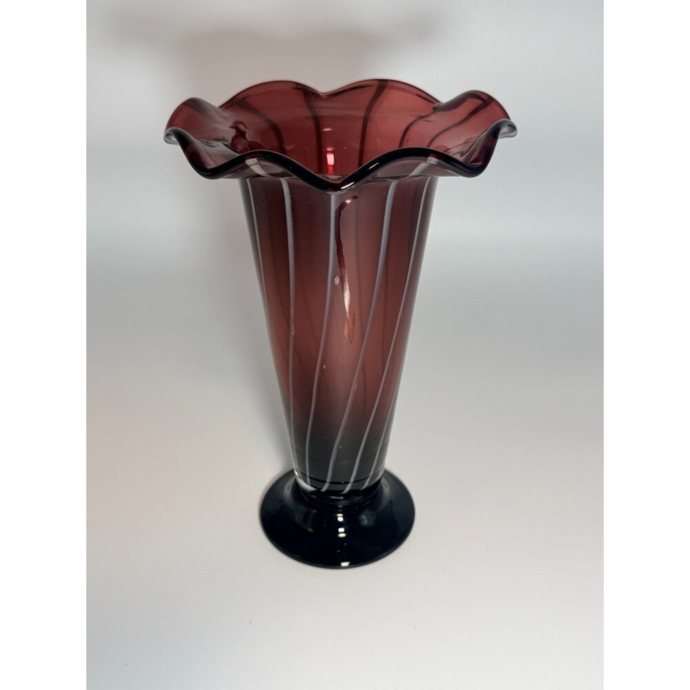Vintage Plum Amethyst Art Glass Vase White Spiral Lines Ruffled Rim 10.4" T